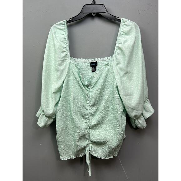 Rue Plus Shirt‎ Womens 4X Mint Green Smocked Puff Sleeve Drawstring Floral Top - Picture 1 of 9